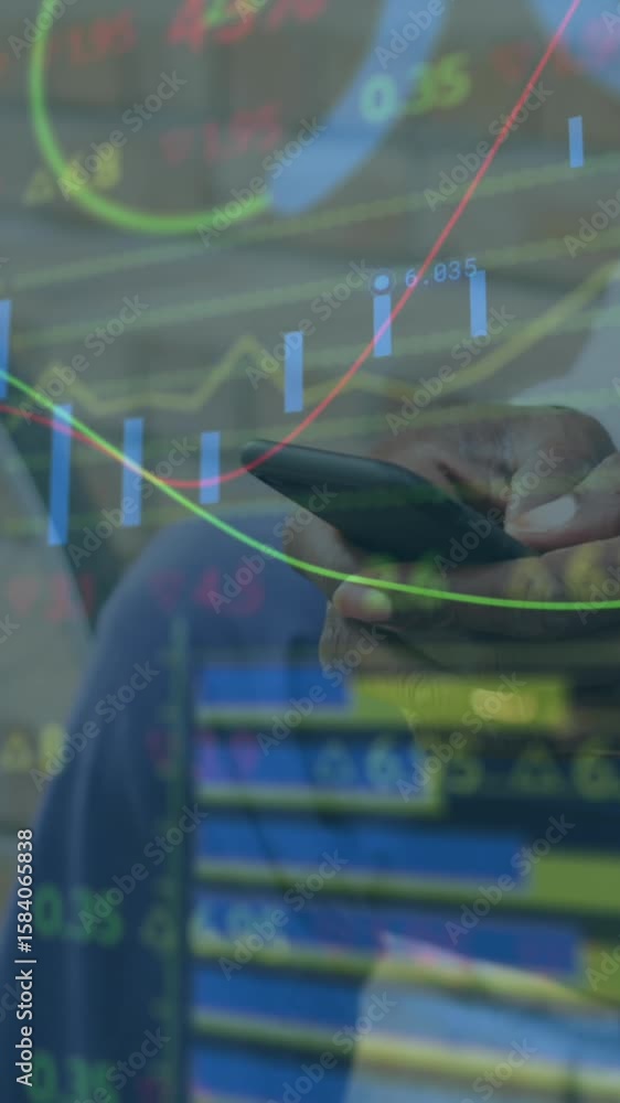 Poster animation of stock market data processing over mid section of a man using smartphone on street