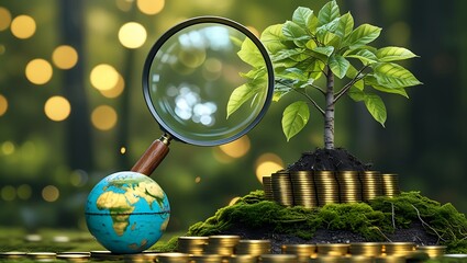Sustainable Investment and Global Finance Growth with Tree, Coins, and Magnifying Glass