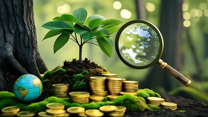 Eco-Conscious Finance Growth Concept with Tree, Coins, and Magnifying Glass on Soil