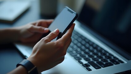 Close-up of hands holding a smartphone near an open laptop, blurred background