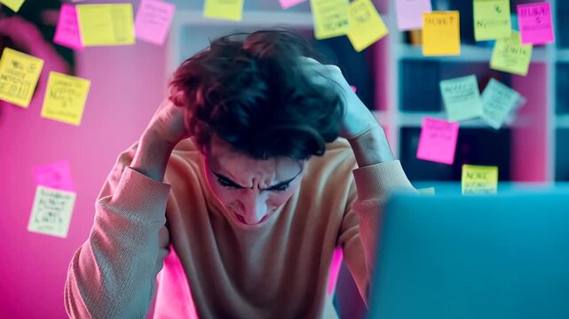 Frustrated office worker surrounded by sticky notes in stressful work environment