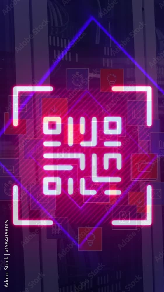 Poster animation of qr code and data processing over computer servers