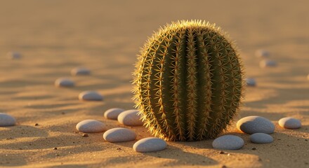 Green round cactus with spines on sandy desert landscape surrounded by smooth pebbles in soft light
