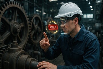 A maintenance worker wearing a smart helmet inspecting machinery in a heavy industry plant