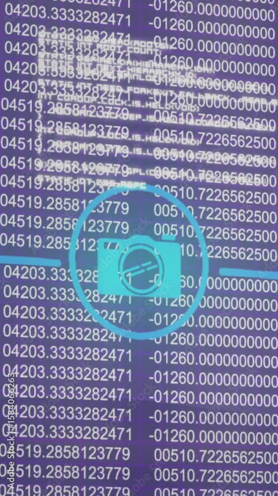 Poster digital animation of network of digital icons against data processing on gradient background