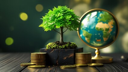Sustainable Wealth Growth Concept with Tree, Globe, Coins, and Soil