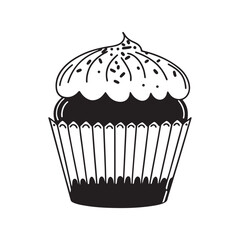Simple black and white illustration of a cupcake with frosting and sprinkles