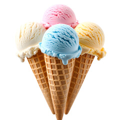 Colorful ice cream cones, perfect for a hot summer day, isolated on transparent background