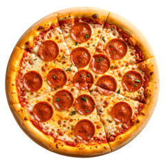 Pepperoni pizza, delicious and appetizing, ready to be served. The pizza is cut into eight slices, with melted cheese and pepperoni toppings, isolated on transparent background
