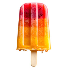 A refreshing colorful popsicle on a stick. The popsicle features layers of vibrant fruit colors, perfectly capturing the essence of summer, isolated on transparent background