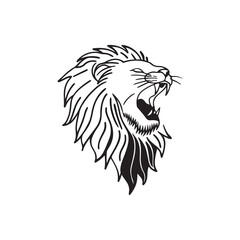 Stylized black and white outline drawing of a roaring lion head with a flowing mane
