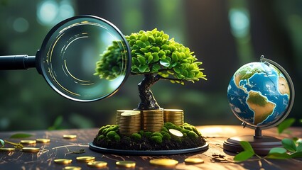 Eco Finance Growth with Magnifying Glass, Tree, Globe, and Coins on Soil