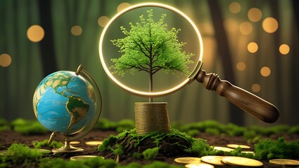 Eco Wealth Investment with Tree, Globe, Coins, and Magnifying Glass on Soil