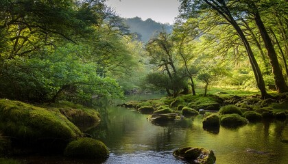 Obraz premium serene mystical forest glade by a tranquil water s edge