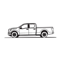 Simple black and white line art illustration of a modern pickup truck