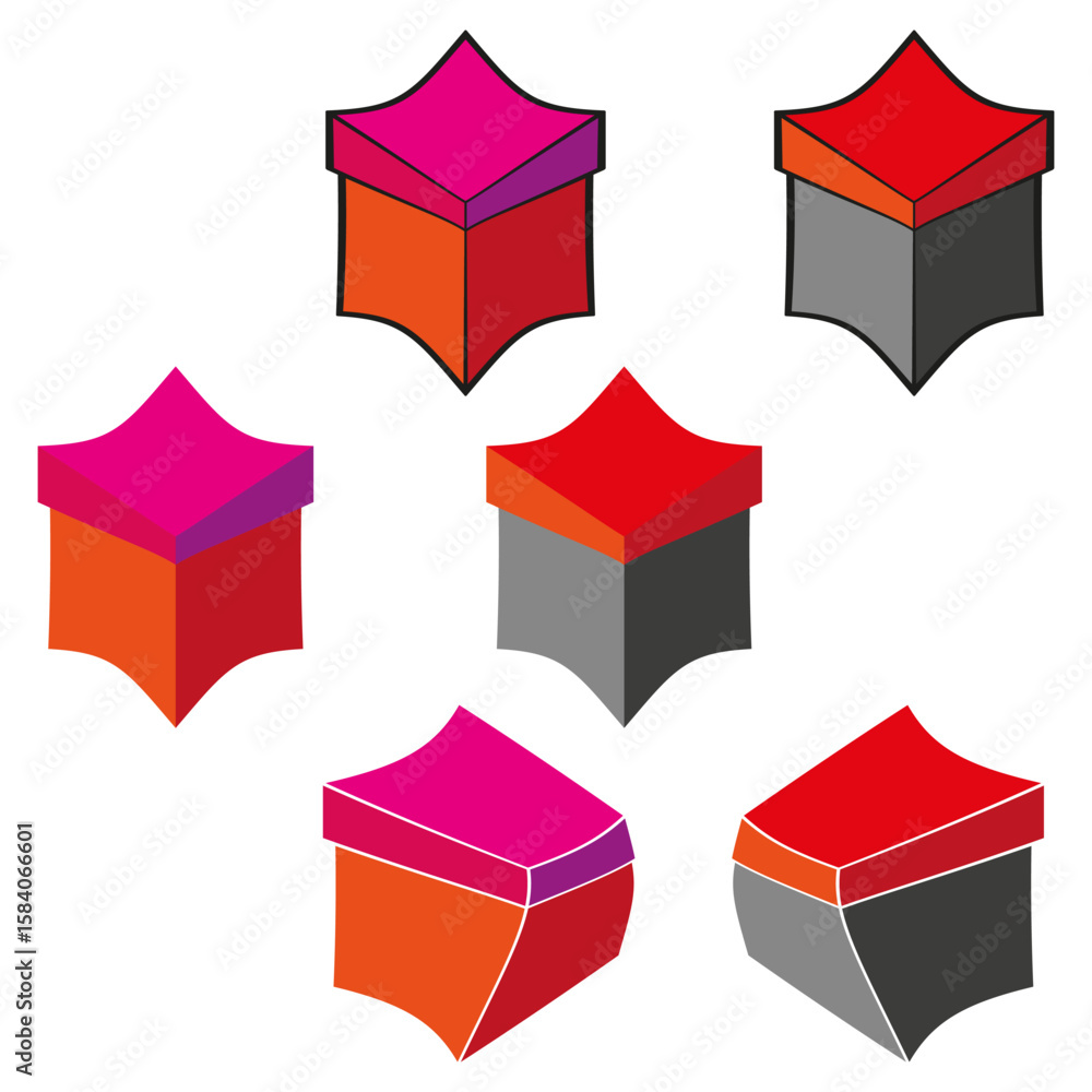 Poster cube star composition. geometric shape vector. isometric object collection. red orange elements