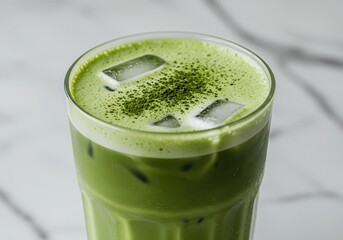 Refreshing Iced Matcha Green Tea Beverage with Ice Cubes in a Clear Glass on a Marble Surface
