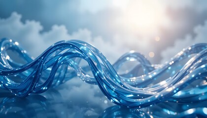 Abstract, flowing blue ribbons against a cloudy sky, illuminated by a soft, golden light