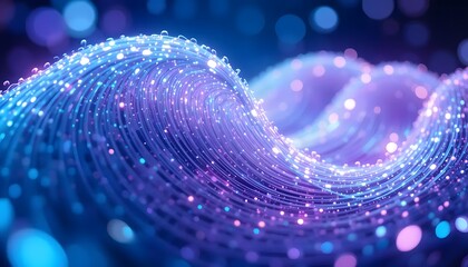 Abstract digital artwork depicting glowing blue and purple waves with sparkling particles