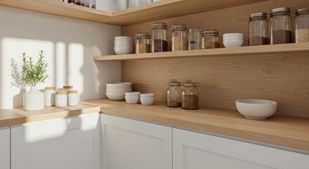 Fototapeta premium Neat and Modern Kitchen Shelves Filled with Glass Jars and White Dishware in Bright Natural Light