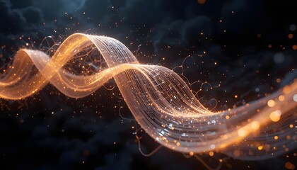 Glowing, ribbon-like structure with interconnected nodes, against a dark, cloudy backdrop