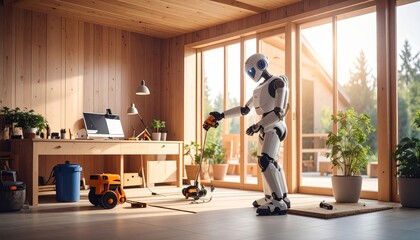 家事をこなす人間型ロボットの日常風景