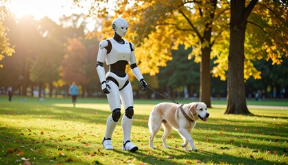 ヒューマノイドと犬のほのぼの散歩風景