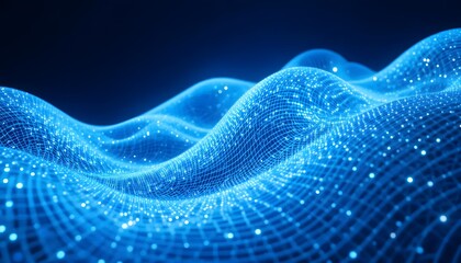 Blue, glowing, undulating mesh creates a digital landscape with shining points