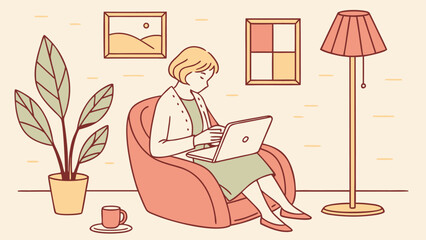 Woman working on laptop in cozy room with plant and lamp vector