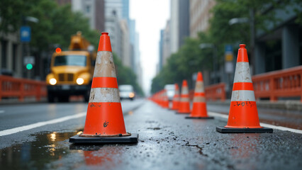 Close-up of several orange and white traffic cones lined up on a wet city street.