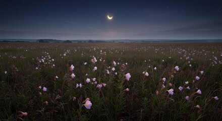 Serene Night Landscape with Crescent Moon Over a Field of Delicate Wildflowers at Dusk