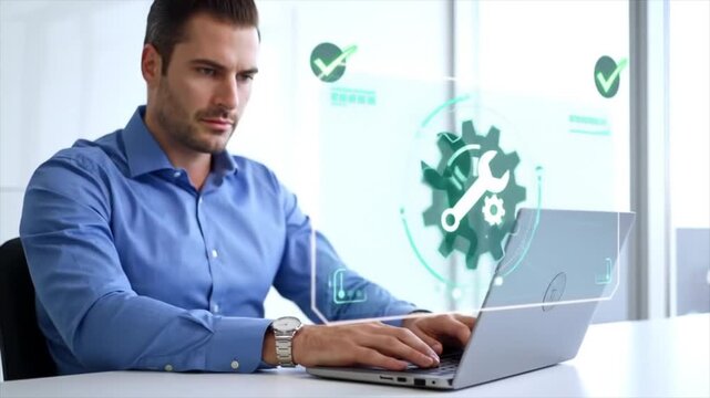 This dedicated Caucasian man is engaged in solving technical problems while using his laptop in a sleek office environment. His concentration reflects his expertise and commitment to his work