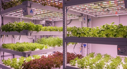 Indoor Hydroponic Farming System with LED Grow Lights for Fresh Leafy Greens Cultivation