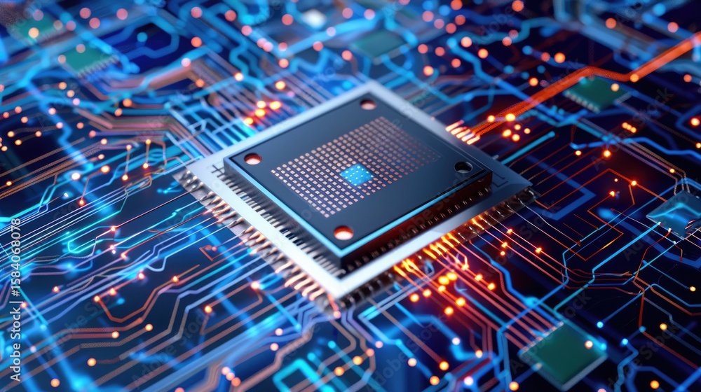 Poster vector illustration of cpu with layered design, microchip concept and circuit lines, tech graphic el