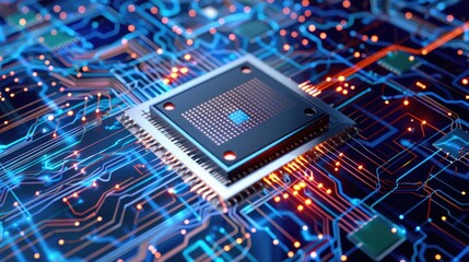 Vector illustration of CPU with layered design, microchip concept and circuit lines, tech graphic element