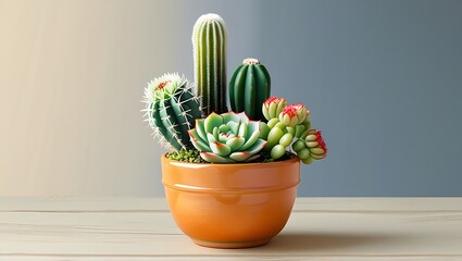 Succulent and Cactus Arrangement in Orange Pot for Indoor Decor