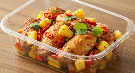 Deliciously Spicy Chicken Wings with Pineapple and Fresh Herbs in Clear Container on Wooden Surface