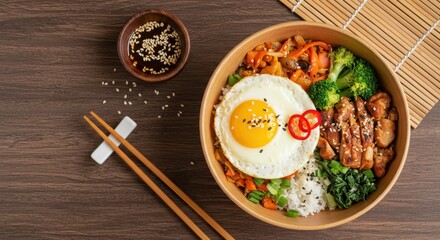 Delicious Asian-Inspired Rice Bowl with Chicken, Vegetables, Fried Egg, and Soy Sauce on a Wooden Table