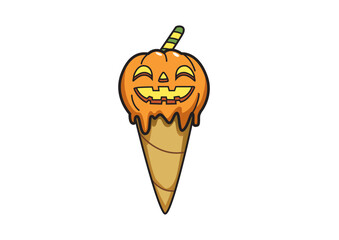 Playful Halloween ice cream cone designed as a smiling pumpkin with dripping chocolate treat concept
