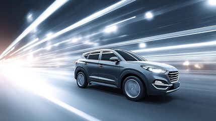 Modern SUV car driving at high speed with motion blur effect