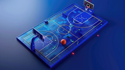 Isometric vector of indoor basketball field with hoop, court lines, and scoreboard, perfect for game strategy visuals