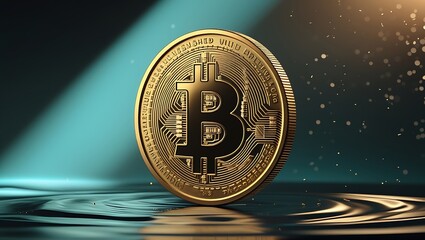 Bitcoin Cryptocurrency Coin on Reflective Surface with Sparkling Digital Background