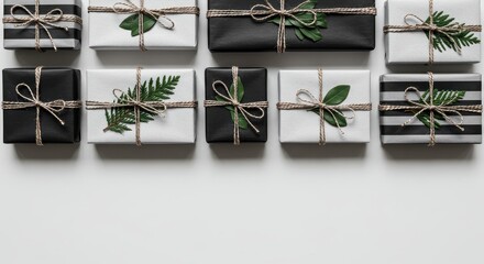 Elegant Wrapped Gifts with Natural Greenery on Minimalist White Background
