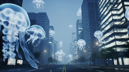 A surreal sci-fi scene of giant glowing jellyfish drifting through a deserted urban cityscape at dusk. - Powered by Adobe