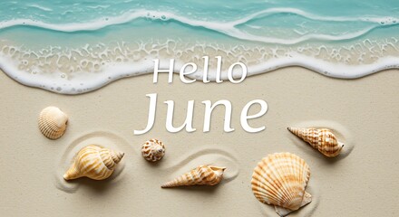 Summer Hello June card with sandy beach and shells