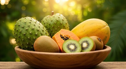Fresh Tropical Fruits Displayed in a Wooden Bowl Surrounded by Lush Greenery in Natural Sunlight