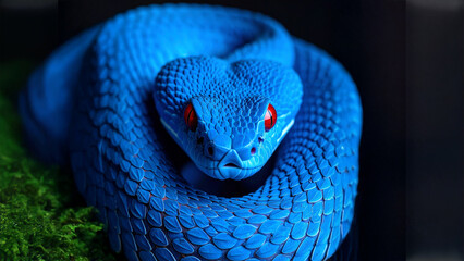 Close-Up of Vivid Blue Viper Snake with Striking Red Eyes – Intense Stare