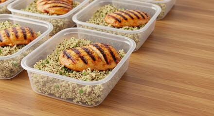 Grilled Chicken Breast Meal Prep with Quinoa in Clear Containers on Wooden Table