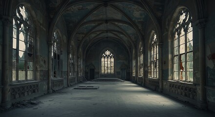 Large hall of abandoned building in gothic style