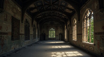 Obraz premium Large hall of abandoned building in gothic style